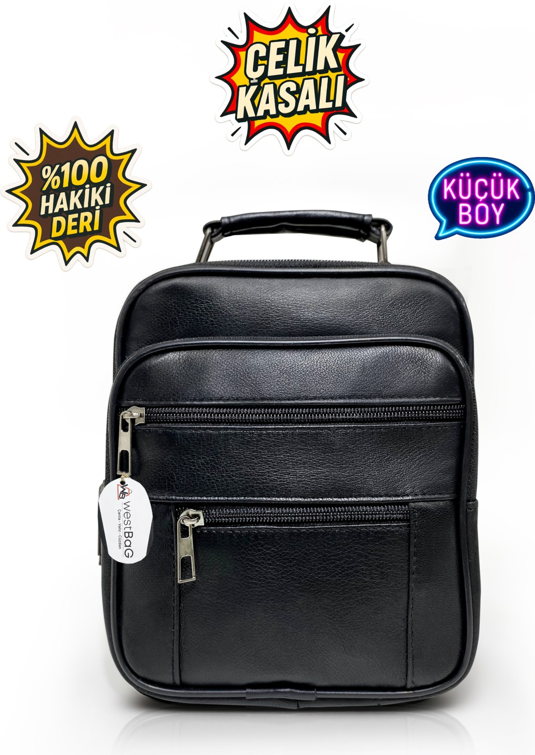 Westbag Erkek Siyah Çelik Kasalı Hakiki Deri El ve Omuz Çantası Ayarlanabilir Askılı
