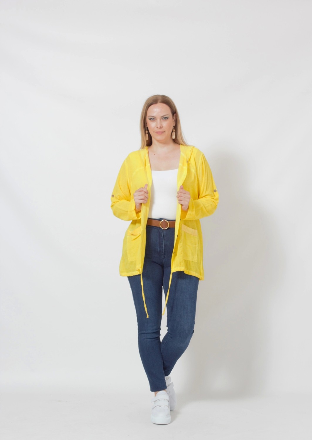 Moda Berray B027 Cebi Pullu Kapüşonlu Gömlek Sarı