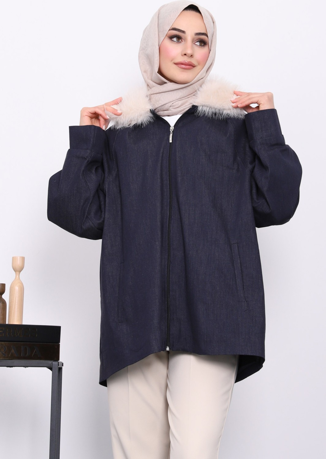 İmaj Butik Lacivert Yaka Kürk Detaylı Kot Ceket