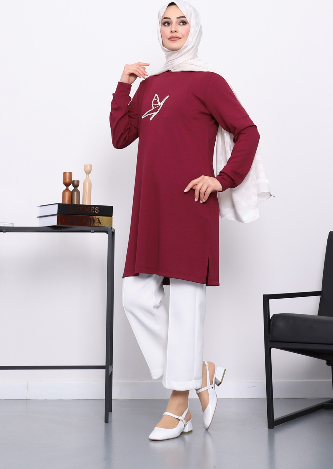 İmaj Butik Mürdüm Taş Baskılı Modal Tunik görsel 5