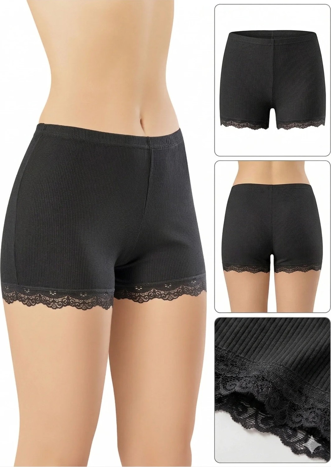 İncili Tekstil Kadın Fitilli Dantelli Boxer Külot 3'lü Set - Pamuklu Esnek Şort Külot Paket (Siyah, Ten, Beyaz) görsel 2