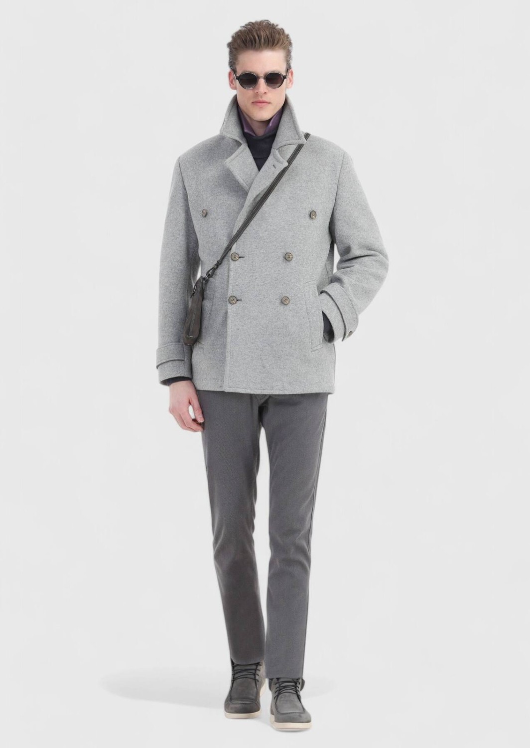 Ramsey Gri Slim Fit Kruvaze Yaka Casual Örme Palto görsel 2