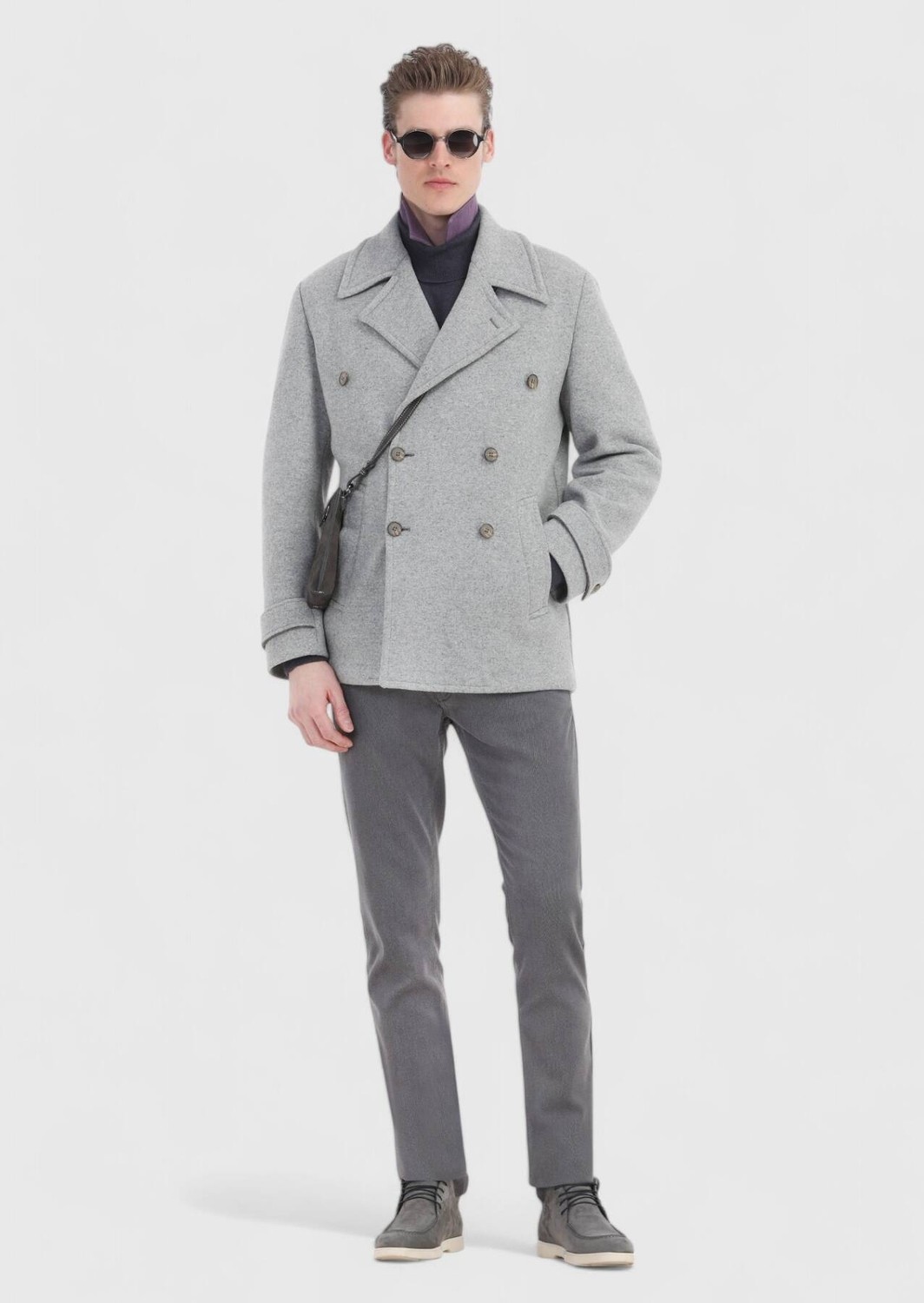 Ramsey Gri Slim Fit Kruvaze Yaka Casual Örme Palto görsel 3