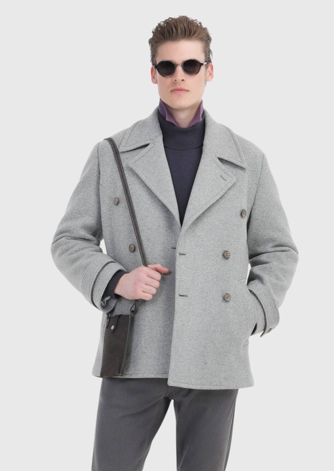 Ramsey Gri Slim Fit Kruvaze Yaka Casual Örme Palto görsel 4