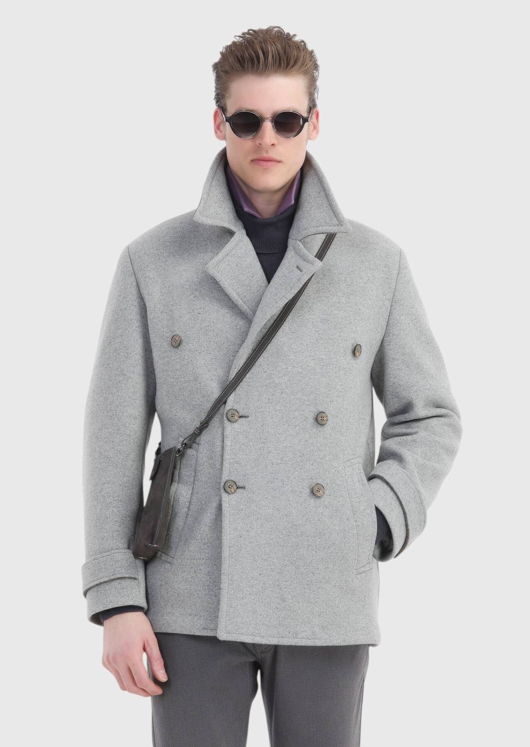 Ramsey Gri Slim Fit Kruvaze Yaka Casual Örme Palto görsel 5