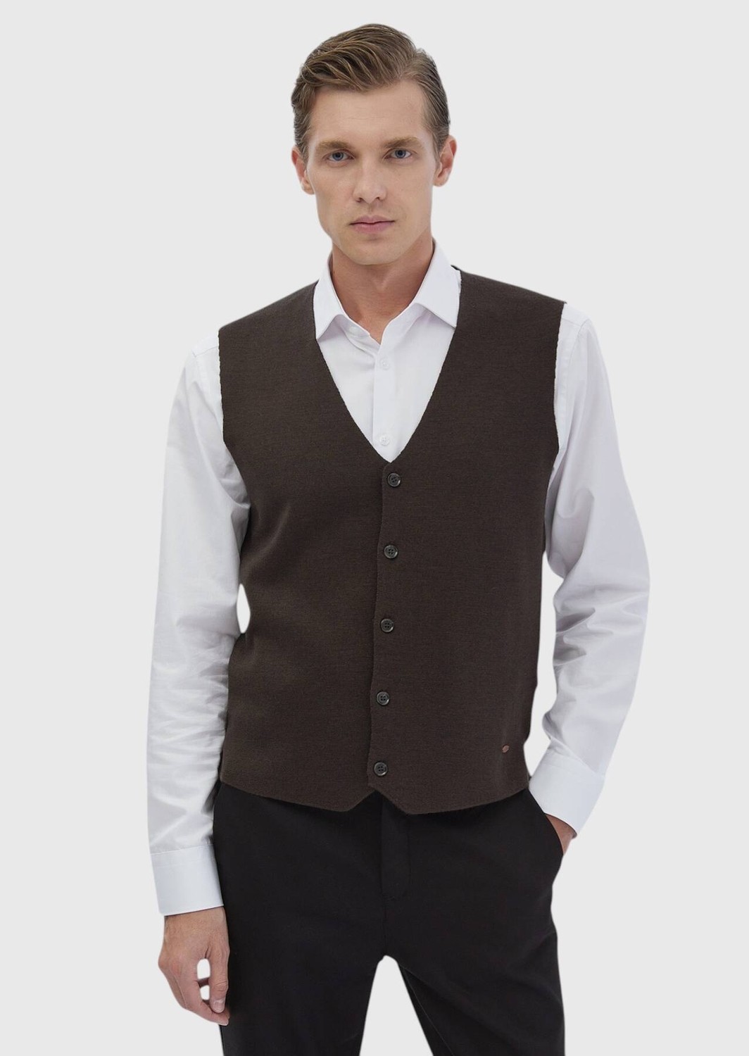 Ramsey Kahverengi Regular Fit V Yaka Casual Örme Triko Yelek