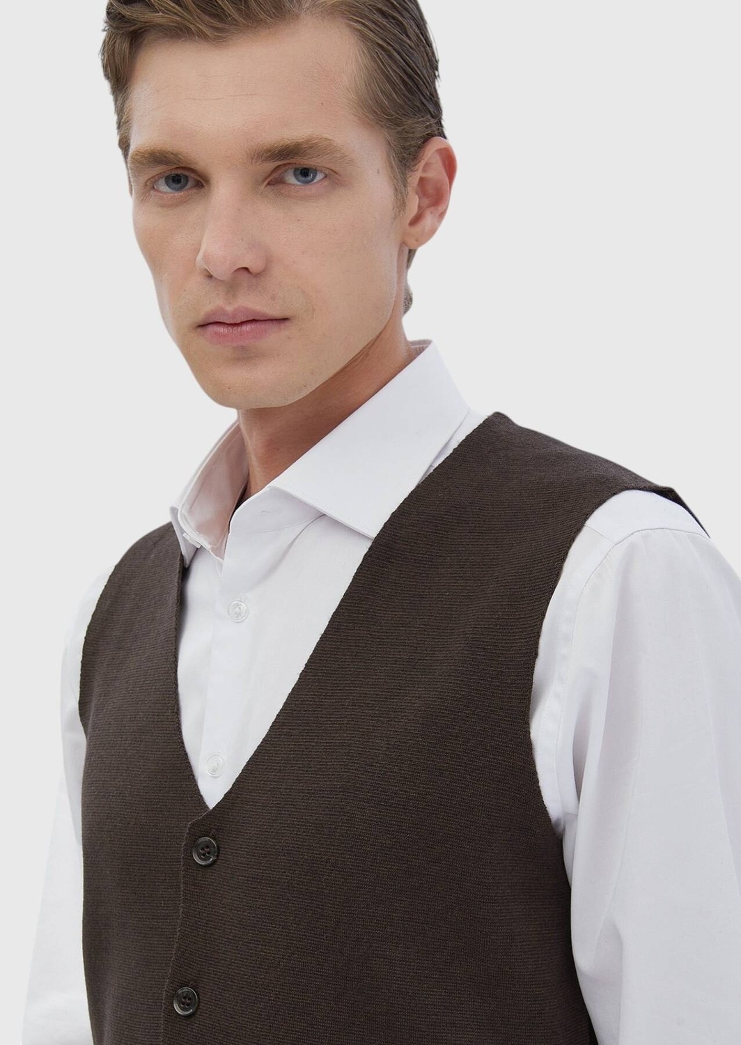 Ramsey Kahverengi Regular Fit V Yaka Casual Örme Triko Yelek görsel 4
