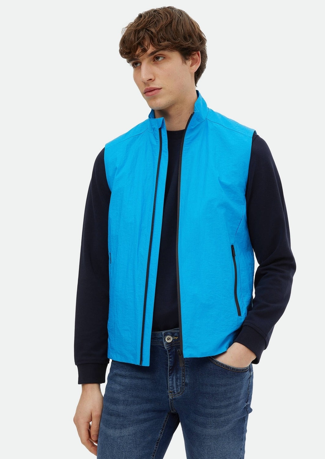 Ramsey Turkuaz Regular Fit Dik Yaka Denim Dokuma Spor Yelek