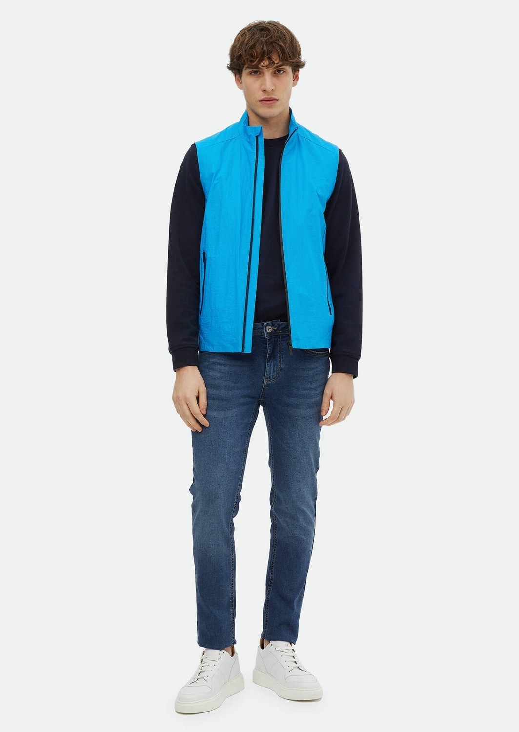 Ramsey Turkuaz Regular Fit Dik Yaka Denim Dokuma Spor Yelek görsel 2