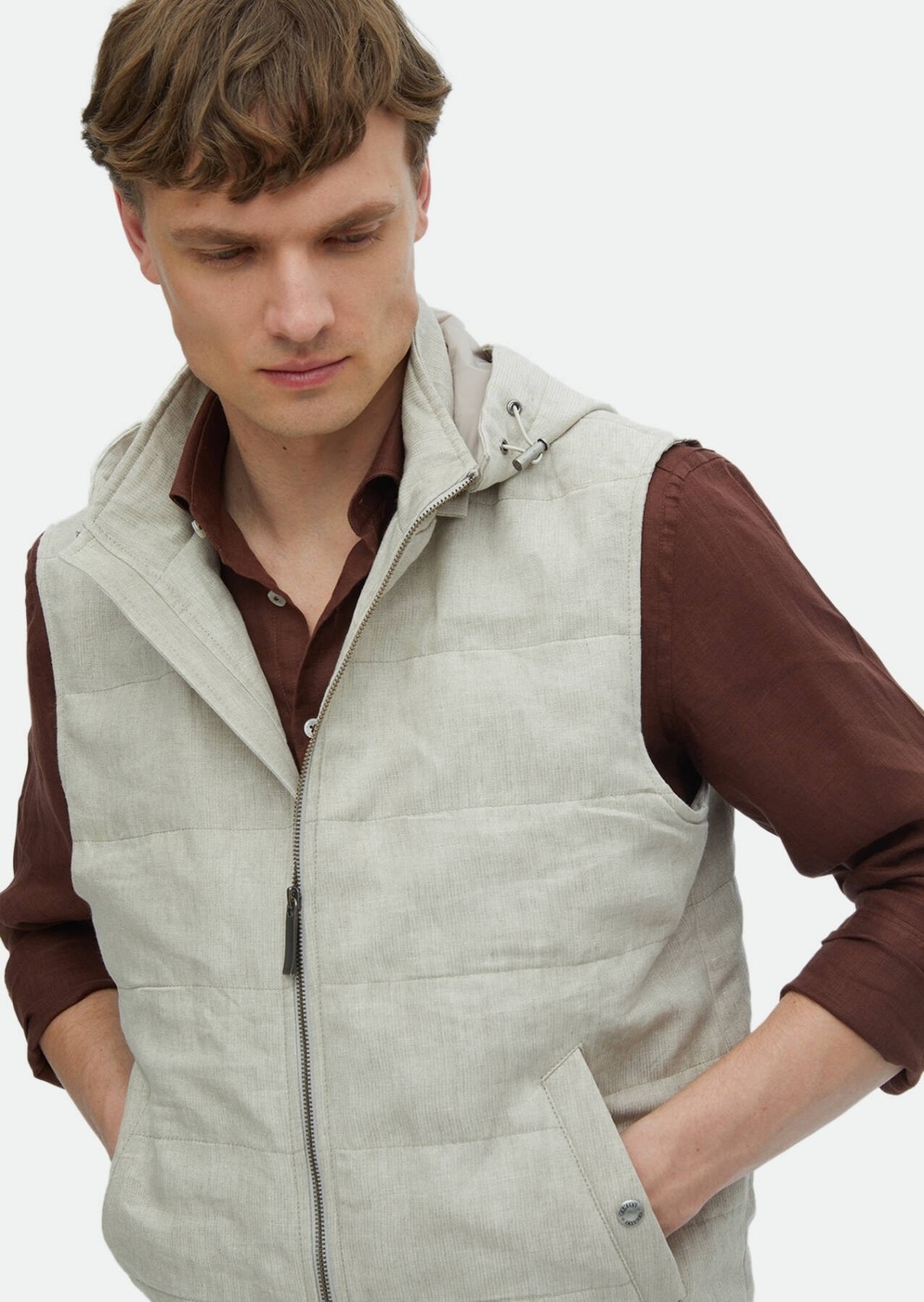 Ramsey Ekru Regular Fit Kapüşonlu Casual Dokuma Spor Yelek görsel 3