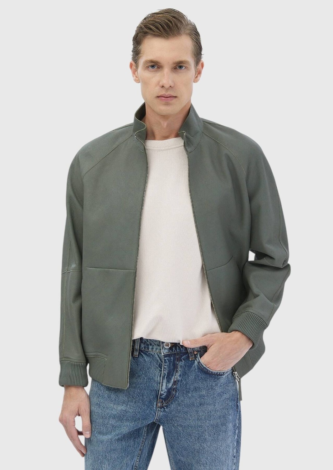 Ramsey Açık Yeşil Regular Fit Dik Yaka Casual Süet Deri Mont
