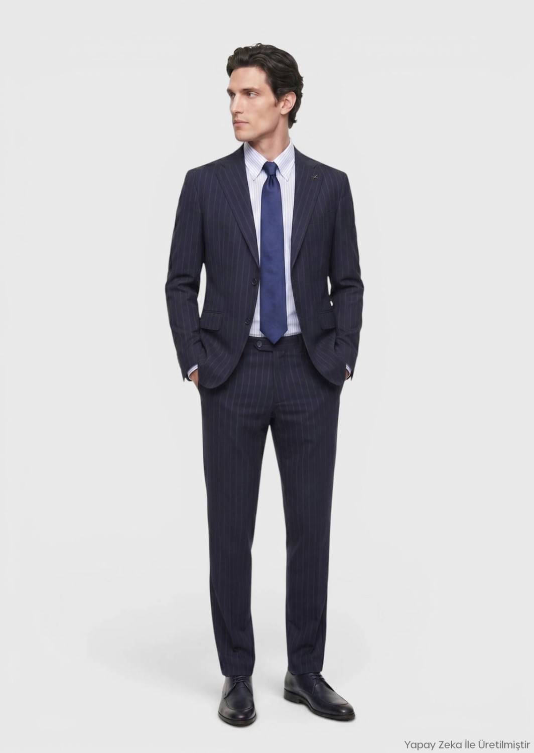 Ramsey Lacivert Çizgili Zeroweight Slim Fit %100 Yün Takım Elbise