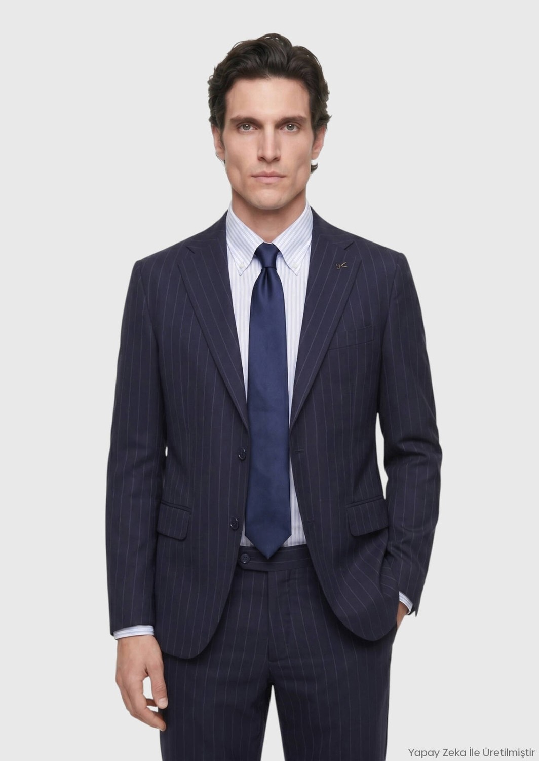 Ramsey Lacivert Çizgili Zeroweight Slim Fit %100 Yün Takım Elbise görsel 2