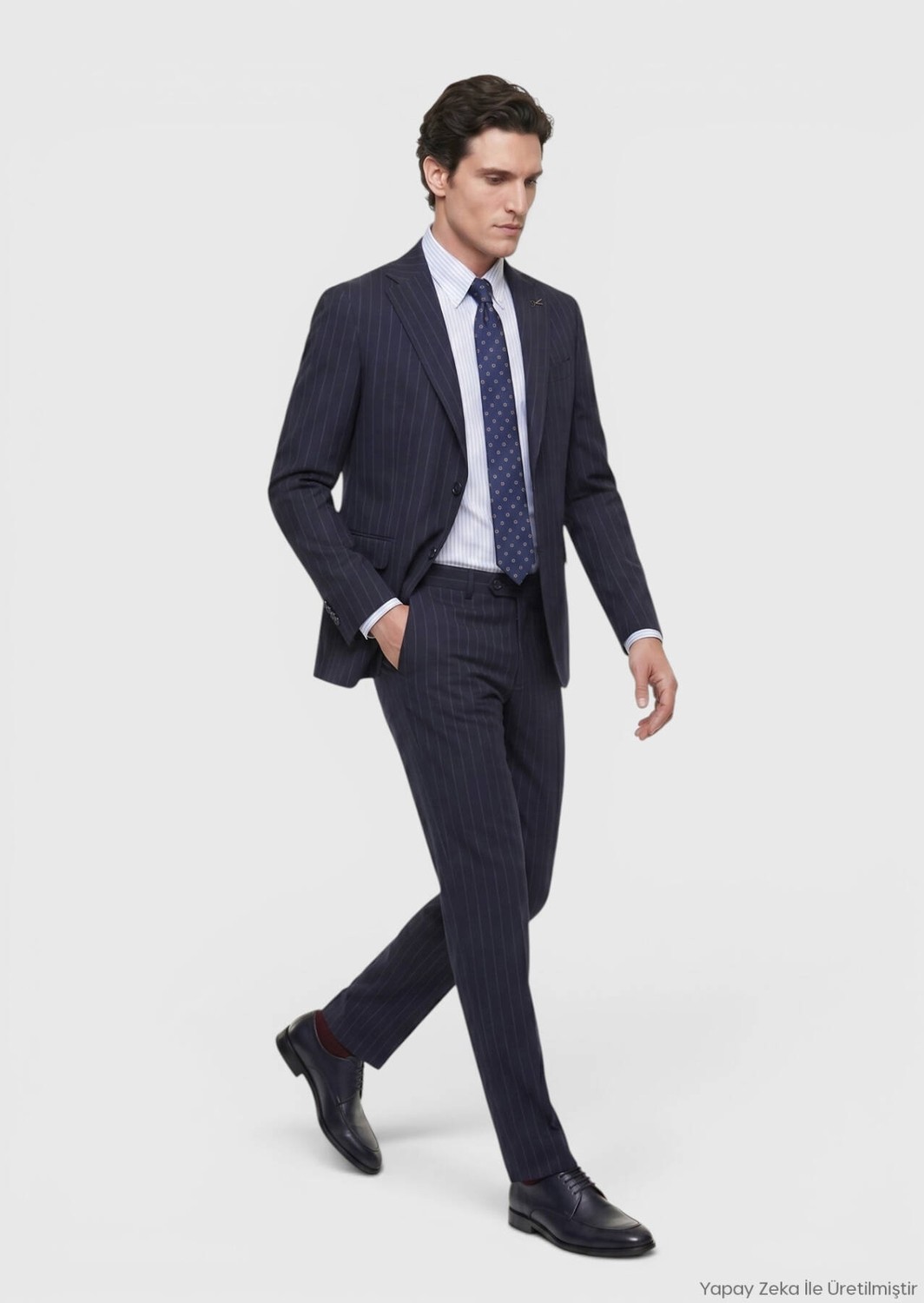 Ramsey Lacivert Çizgili Zeroweight Slim Fit %100 Yün Takım Elbise görsel 3