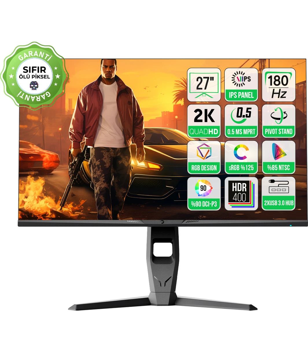 Resim GamePower Royal T20 27″ RGB 180Hz 0.5Ms 2K QHD Flat IPS Pivot 2xUsb 3.0 HDR400 FreeSync, Gsync Gaming Monitör (Sıfır Ölü Piksel Garantili) 