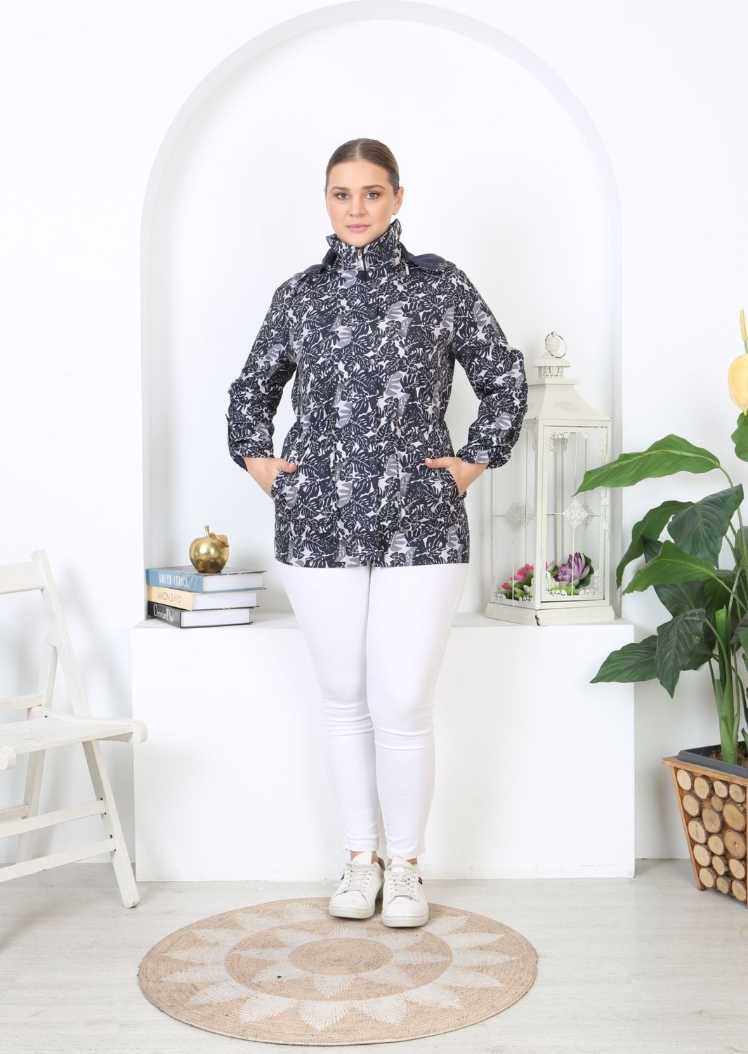 TUTveAL Collection Suya Dayanıklı Mont, Bonded Trençkot, Mevsimlik , Baskılı Mont, Desenli ,yağmurluk, Astarlı Beyaz