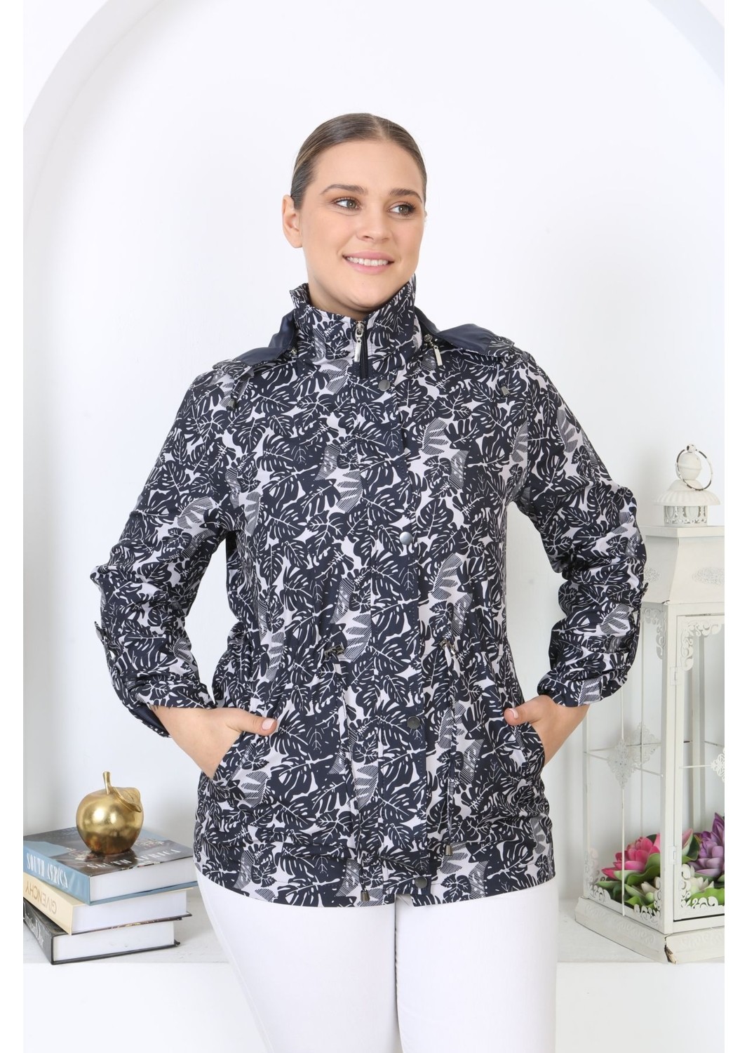 TUTveAL Collection Suya Dayanıklı Mont, Bonded Trençkot, Mevsimlik , Baskılı Mont, Desenli ,yağmurluk, Astarlı Beyaz görsel 3