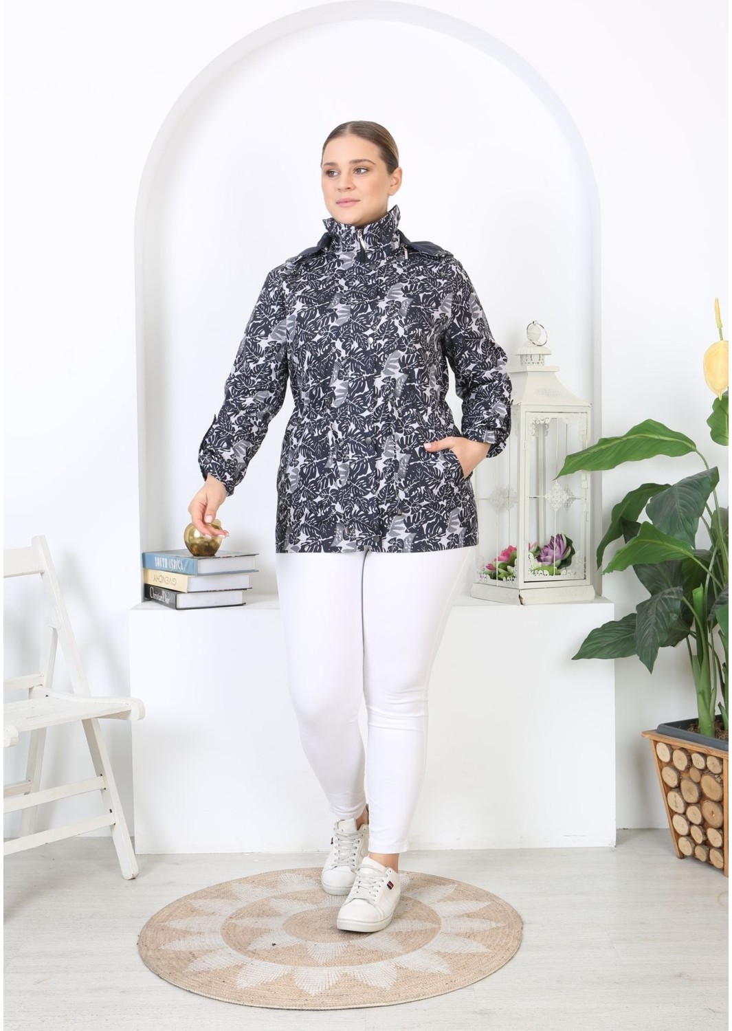 TUTveAL Collection Suya Dayanıklı Mont, Bonded Trençkot, Mevsimlik , Baskılı Mont, Desenli ,yağmurluk, Astarlı Beyaz görsel 7