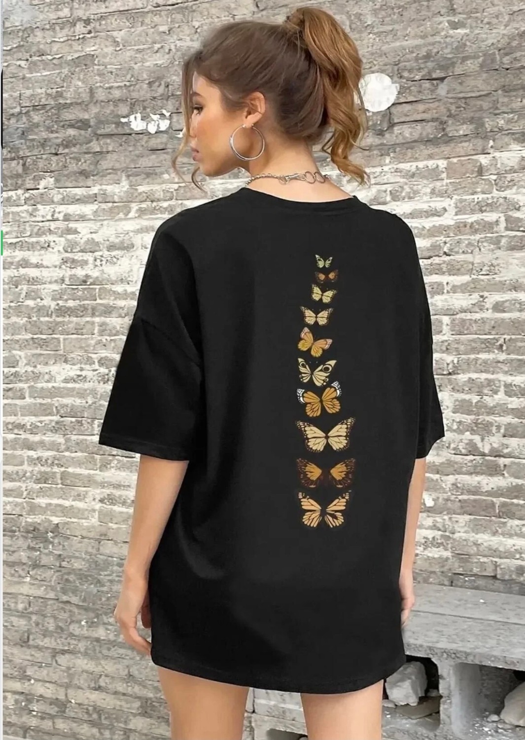 Amor Face Büyük Beden Özel Tasarım Uçuşan Kelebekler Sırt Baskılı %100 Pamuk Oversize Kadın T-Shırt