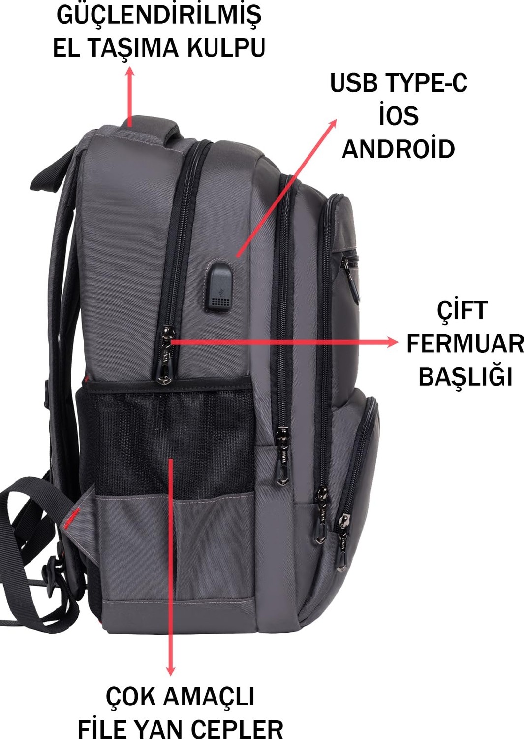 Die Grup Dada 04 Ortaokul Lise Üniversite Okul Çantası Laptop Dizüstü Bilgisayar Çantası 14"-15,6" Inç Unisex Gündelik Kadın Erkek Sırt Çantası USB Type-C Aparat Darbe Emici Koruma Su Geçirmez Kumaş (Uzay Gri) görsel 5