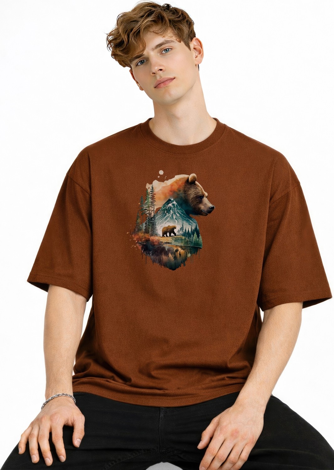 TeknoKapsül Bear2 - Oversize Tişört Kahve görsel 3