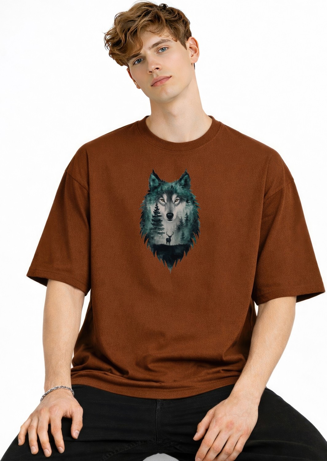 TeknoKapsül Wolf - Oversize Erkek Tişört Kahve görsel 3