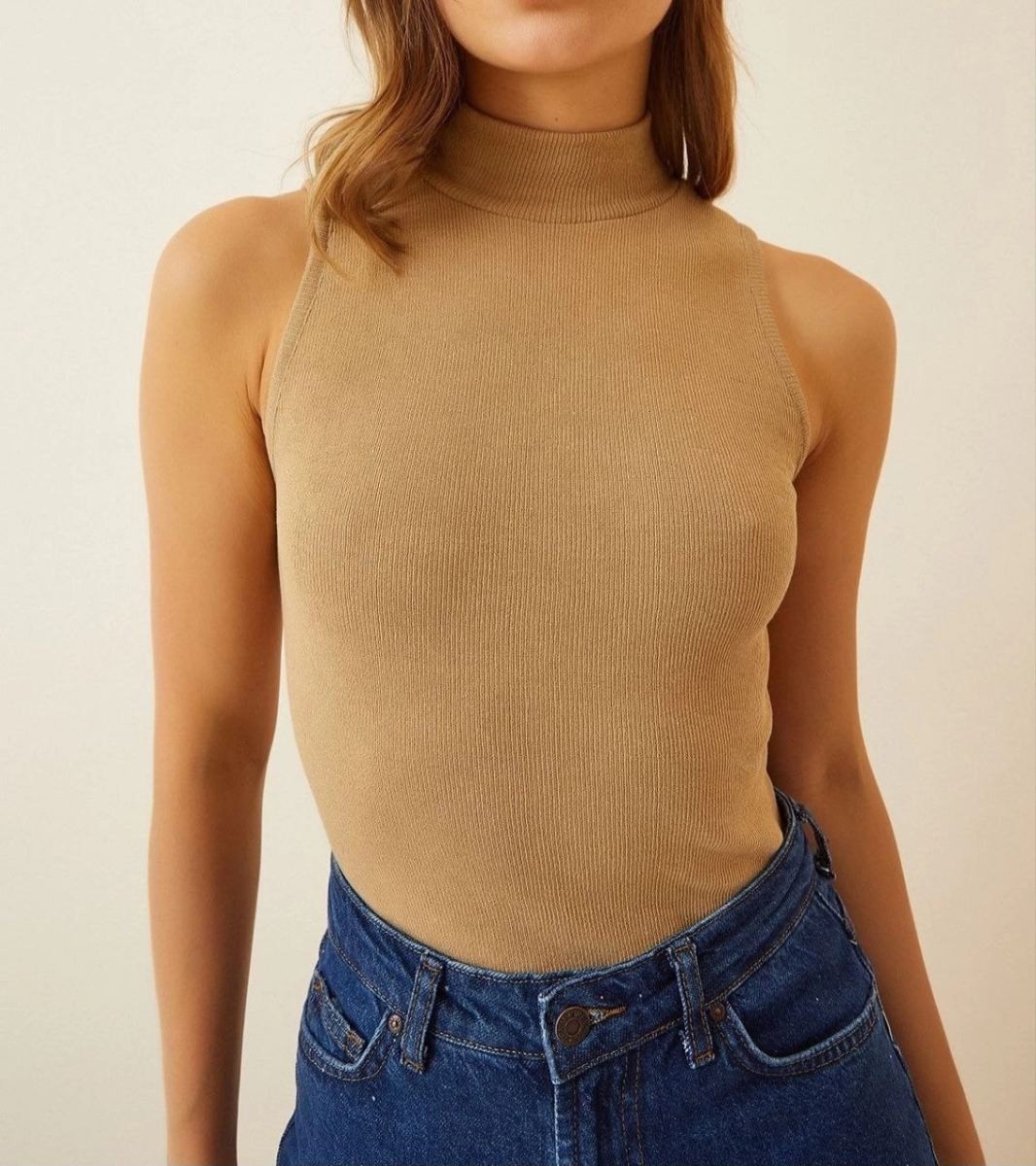Fantastik Store Kadın Full Likralı Fitilli Kaşkorse Body - Camel