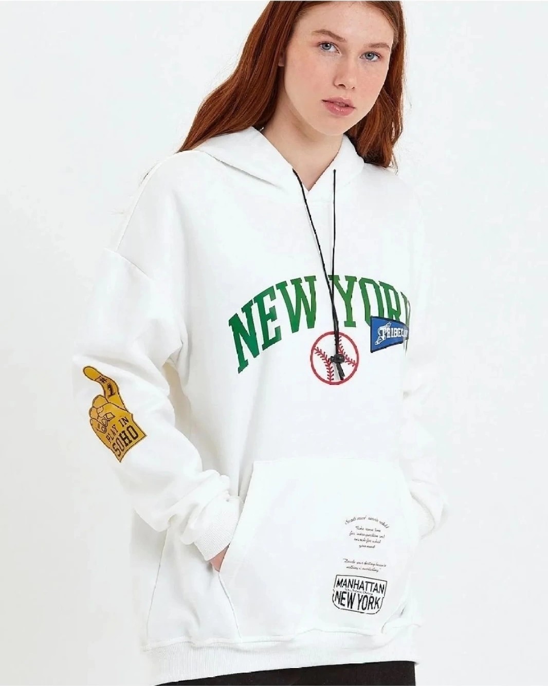 Tarz Yeri Kadın Oversize Kapüşonlu Cepli Ön Kol Baskılı 3 Iplik Pamuklu Hoodie Sweatshirt - Beyaz görsel 2