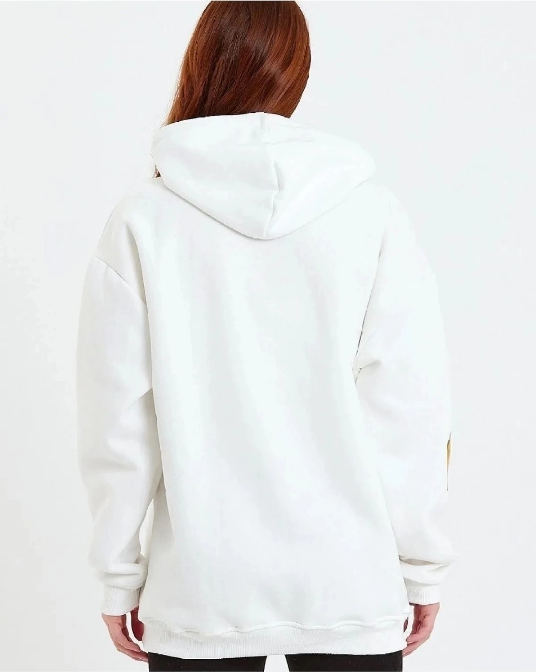 Tarz Yeri Kadın Oversize Kapüşonlu Cepli Ön Kol Baskılı 3 Iplik Pamuklu Hoodie Sweatshirt - Beyaz görsel 4