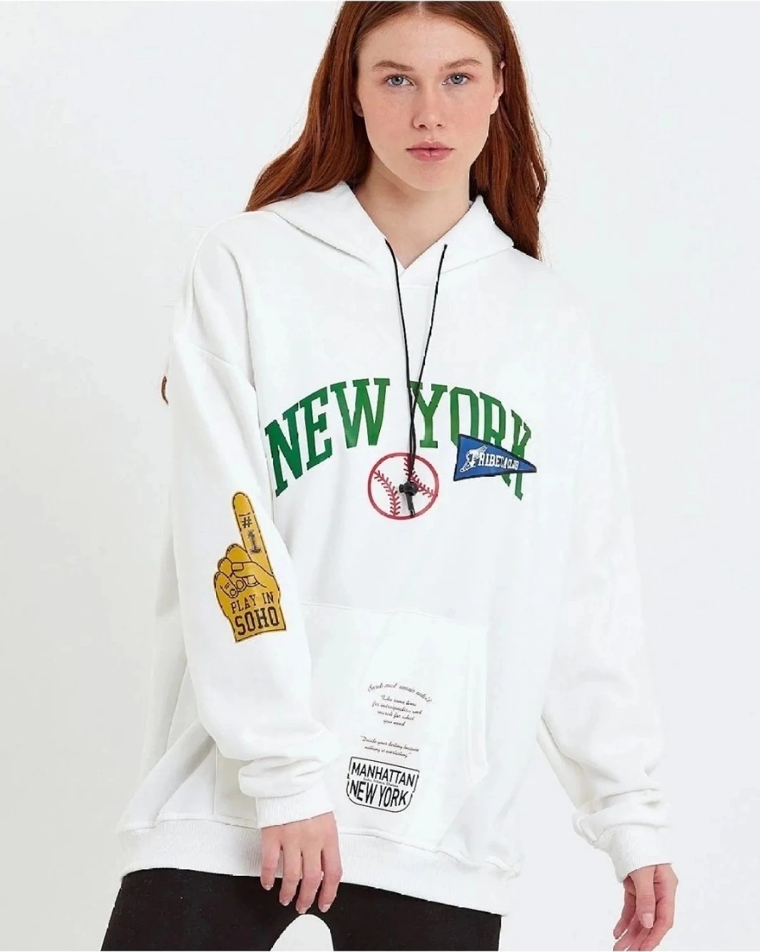 Tarz Yeri Kadın Oversize Kapüşonlu Cepli Ön Kol Baskılı 3 Iplik Pamuklu Hoodie Sweatshirt - Beyaz görsel 3