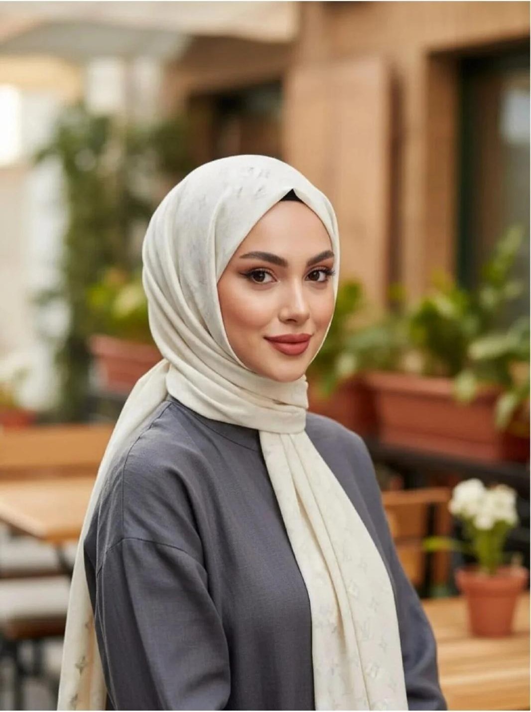 W White Stars Lv Desen Çift Taraflı Pamuklu Şal görsel 7