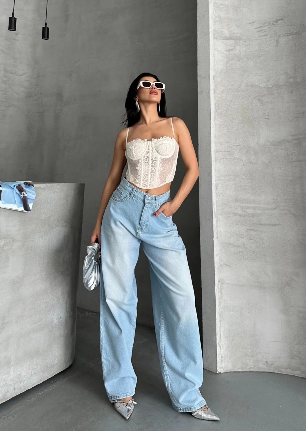 OEY Fashions Baggy Süper Taş Bıyık Yıkama Buz Mavi D2007