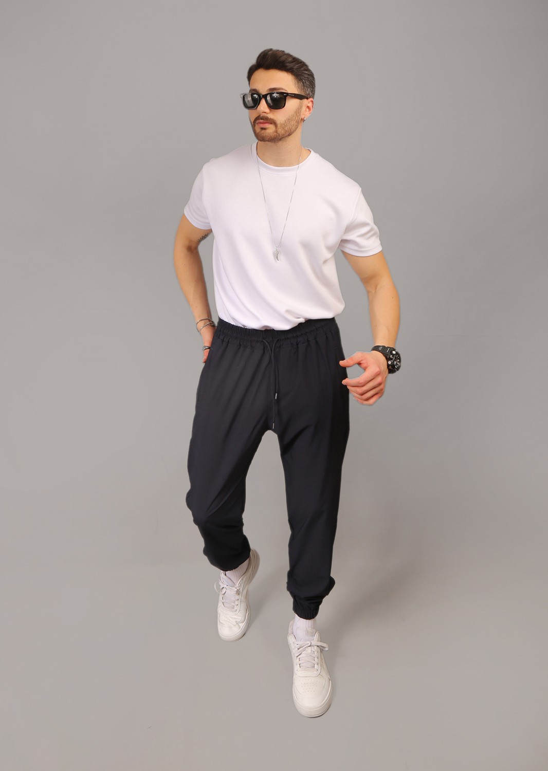 EYDAMOON Erkek Lacivert Paraşüt Kumaş Regular Fit Paça Lastikli Cep Fermuarlı Eşofman Altı görsel 5