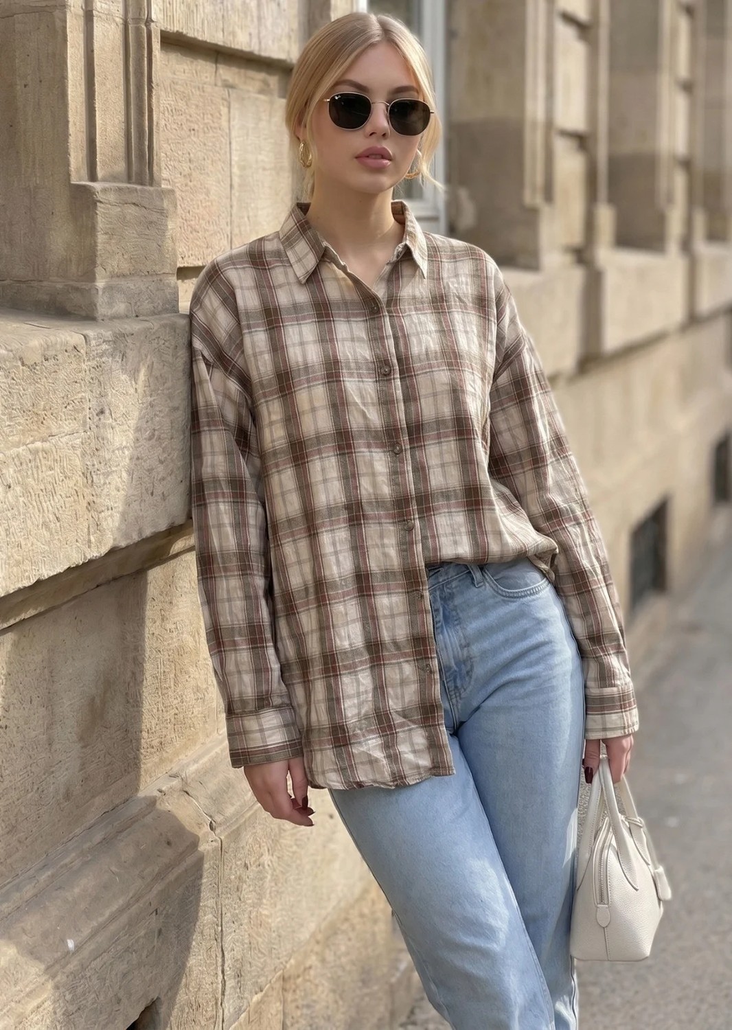 Madmext Lacivert Oversize Kareli Kadın Gömlek MG2822