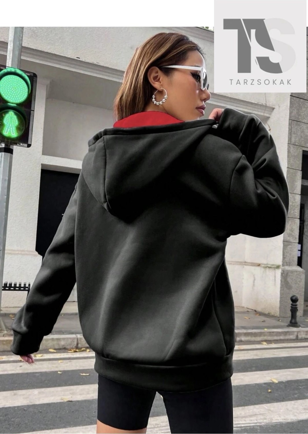 Tarzsokak Siyah Kırmızı Kapüşonlu Fermuarli Brooklyn Oversize görsel 3