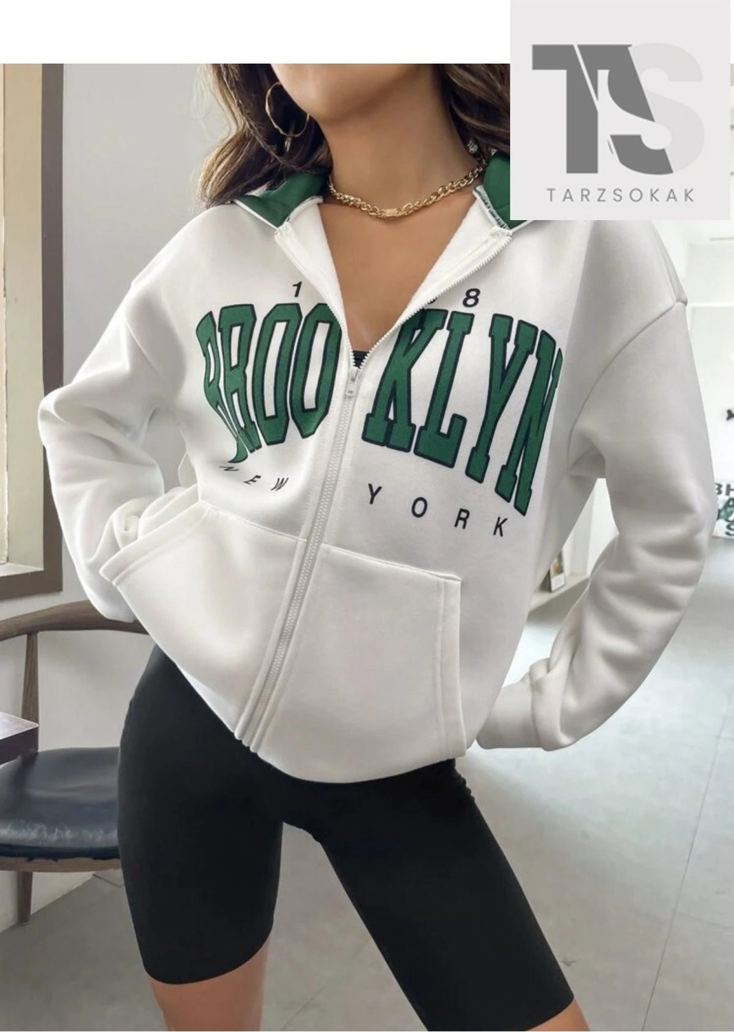Tarzsokak Beyaz Yeşil Kapüşonlu Fermuarli Brooklyn Oversize