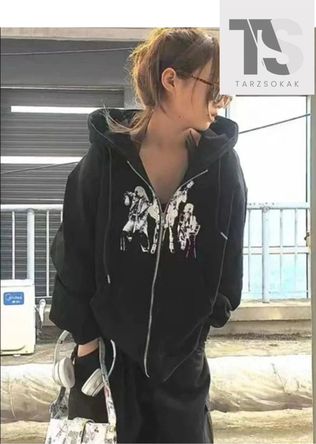 Tarzsokak Punk Tasarım Sweatshirt Fermuarlı Hırka Siyah görsel 2
