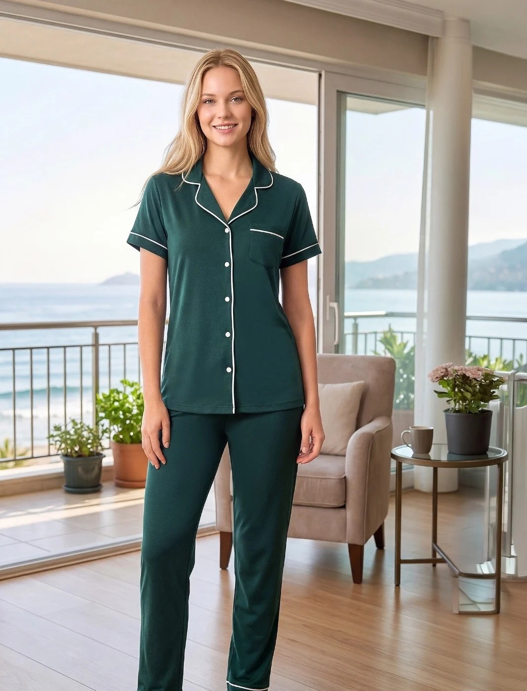 Kadın Viskon Pijama Takımı Yazlık Kısa Kollu Boydan Düğmeli Biyeli Şık Pijama M L Xl Xxl 780-108 görsel 3