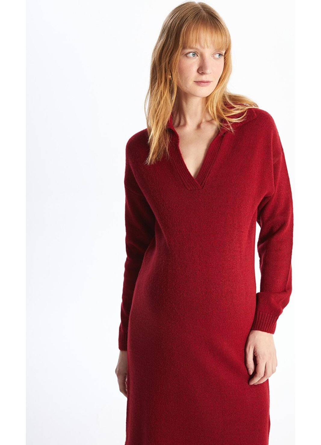 LC Waikiki Lcwaıkıkı Maternity Polo Yaka Düz Uzun Kollu Hamile Triko Elbise görsel 3