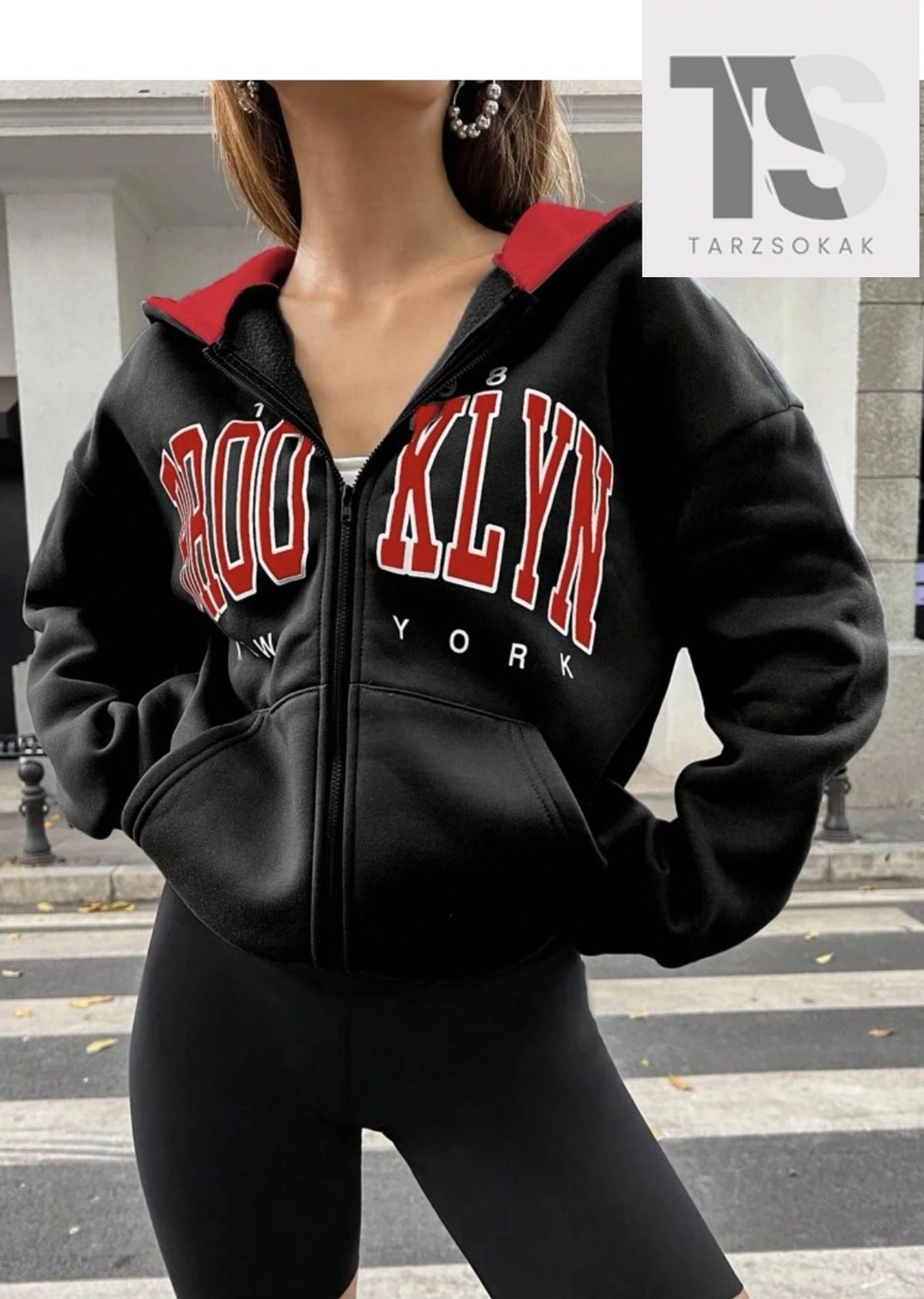 Tarzsokak Siyah Kırmızı Kapüşonlu Fermuarli Brooklyn Oversize