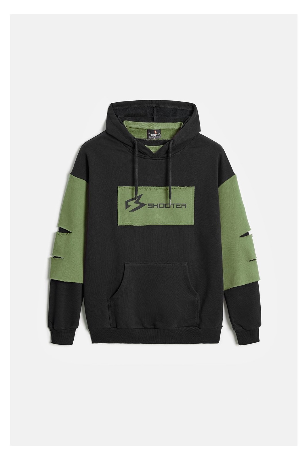 Siyah - Haki Erkek Oversize Kapüşonlu Baskılı Kanguru Cepli Sweatshirt Xl