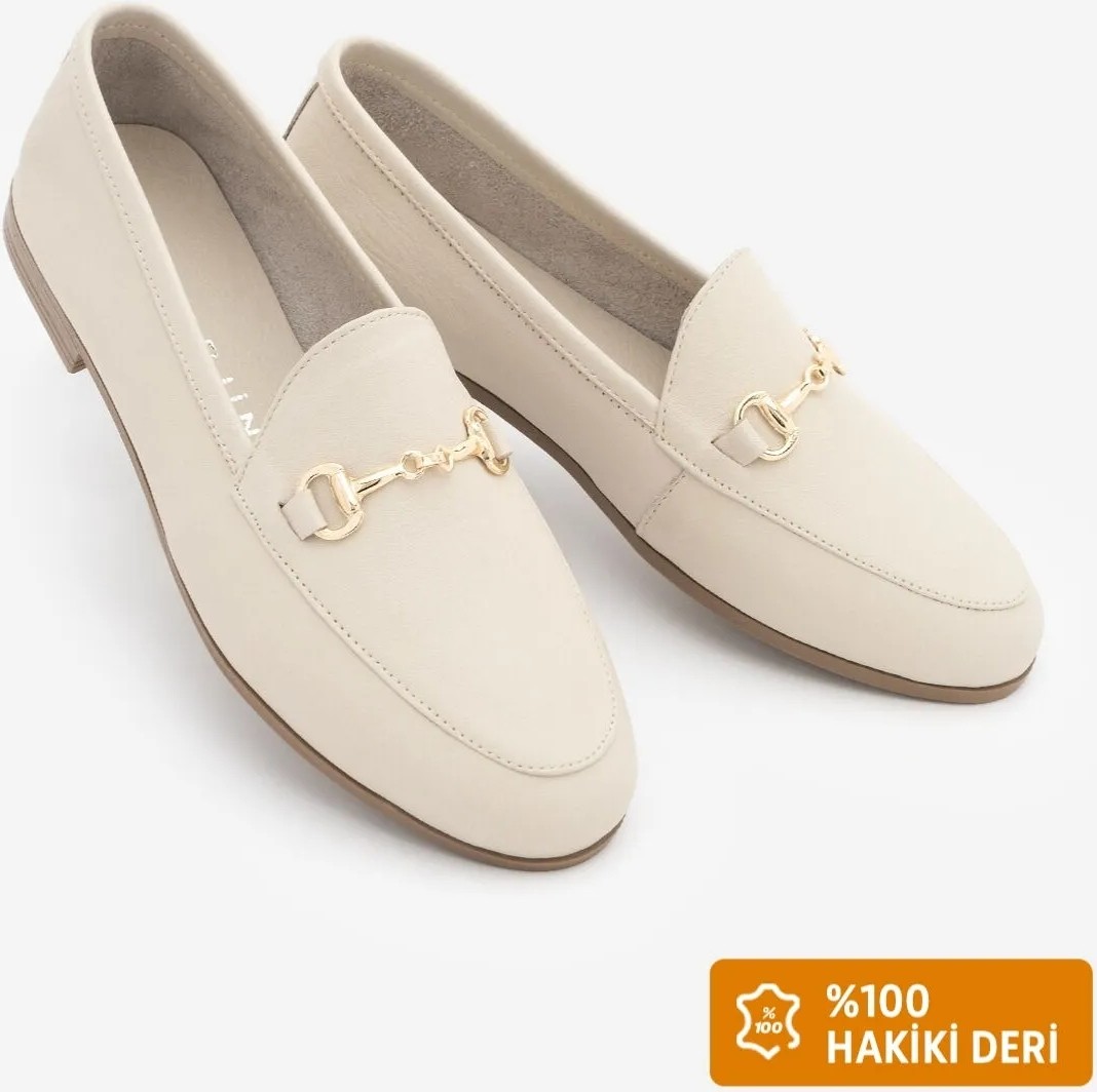 Marjin Kadın Hakiki Deri Zincirli Loafer Günlük Ayakkabı Tanle Bej