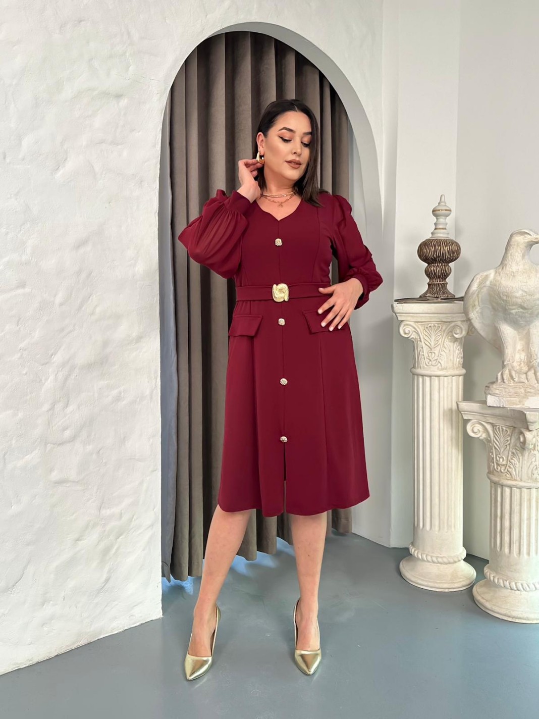 Zy Butik Bordo Büyük Beden V Yaka Uzun Şifon Kollu Kemer ve Düğme Detaylı Elbise görsel 4