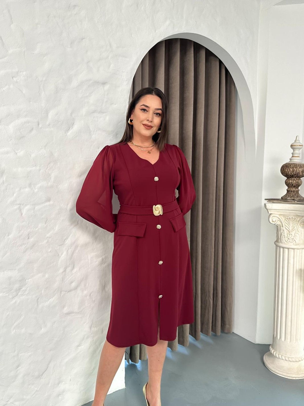 Zy Butik Bordo Büyük Beden V Yaka Uzun Şifon Kollu Kemer ve Düğme Detaylı Elbise görsel 5