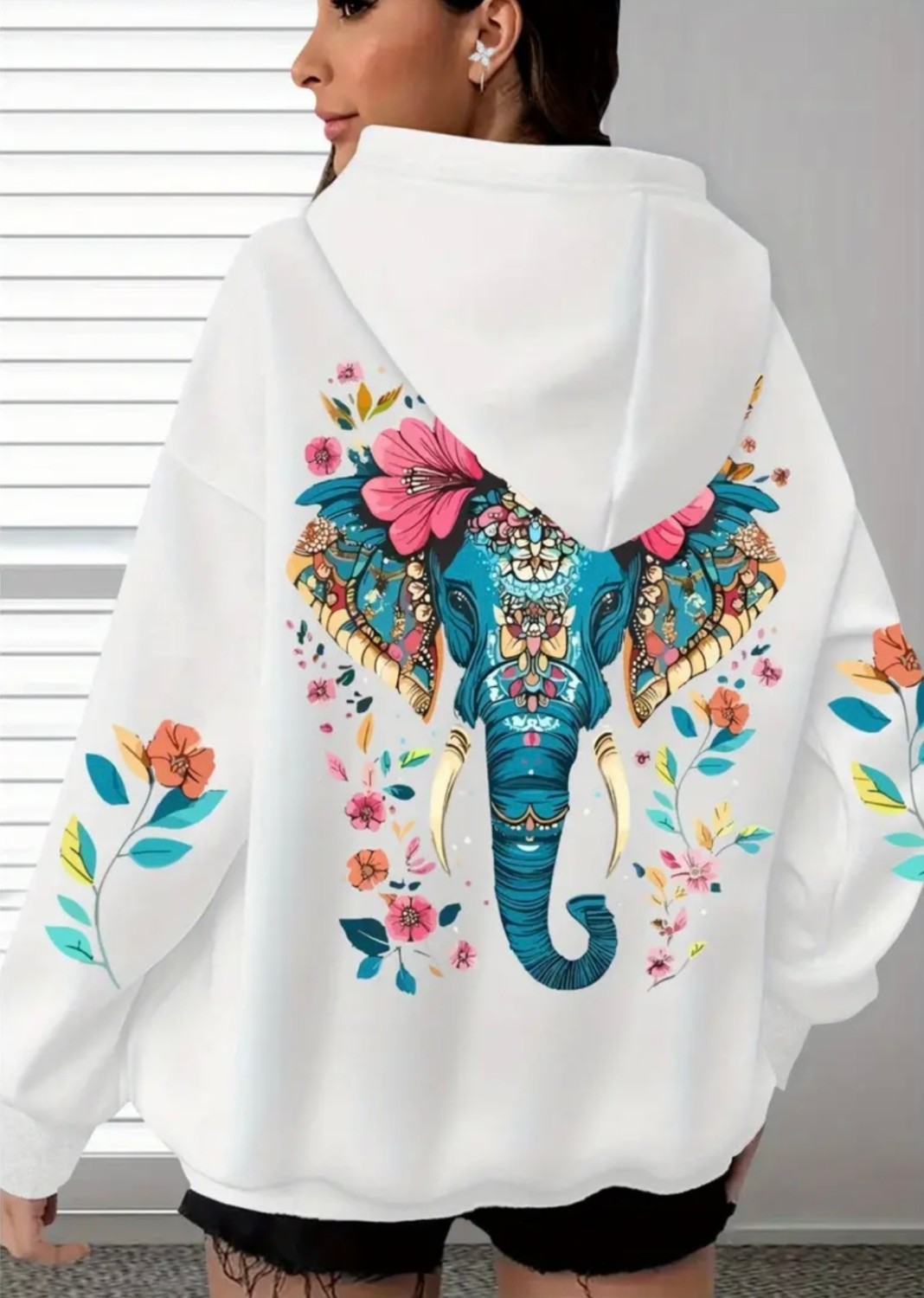Amor Face Büyük Beden Özel Tasarım Mavi Fil Sırt Baskılı Kapüşonlu %100 Pamuk Oversize Kadın Trend Sweatshırt görsel 4