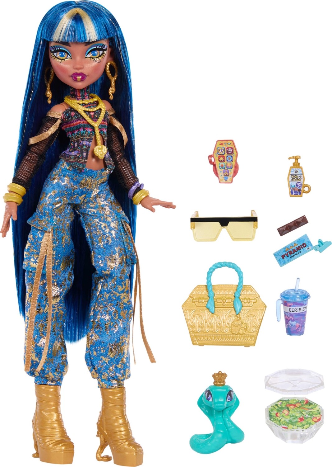 Aesco Monster High Kısa Bluz ve Altın Rengi Detaylı Kot Kargo Pantolon Giyen Monster High Cleo De Nile Bebek, Evcil Yılanı Hissette ve Salata, Smoothie ve Çanta Gibi 7 Aksesuar, JHK32 görsel 5