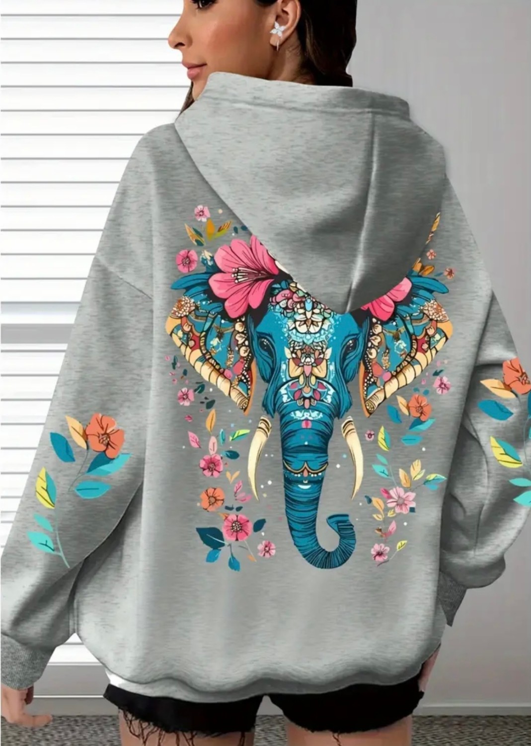 Amor Face Büyük Beden Özel Tasarım Mavi Fil Sırt Baskılı Kapüşonlu %100 Pamuk Oversize Kadın Trend Sweatshırt görsel 3