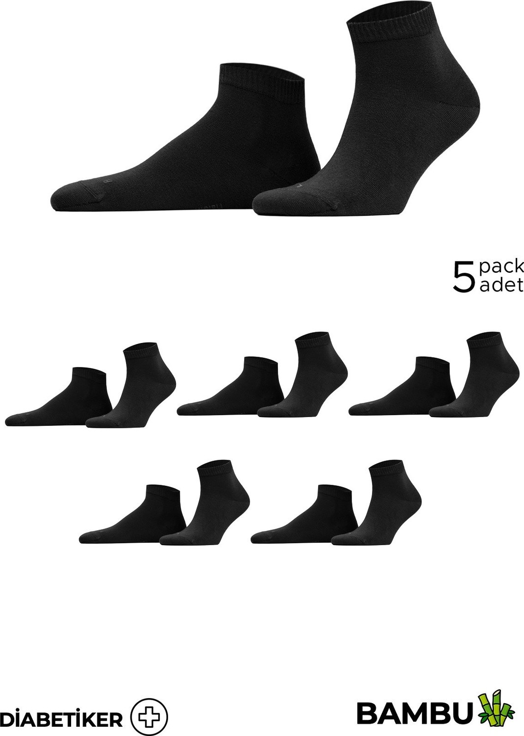 Mısırlı Unisex Bambu 5 Çift Diabetiker Lastiksiz Sneaker Çorap Siyah