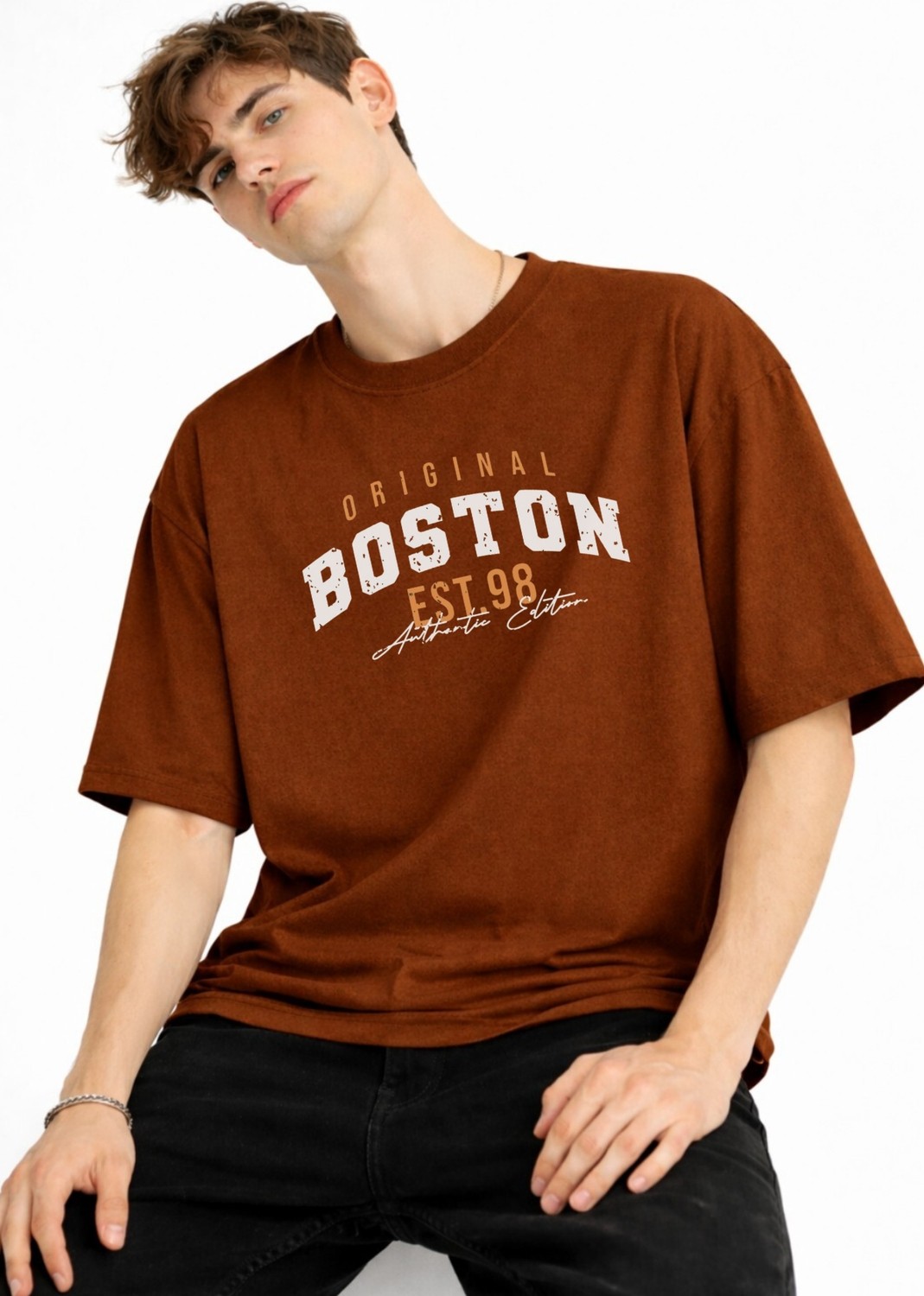 TeknoKapsül Boston - Baskılı Oversize Tişört Kahve görsel 4