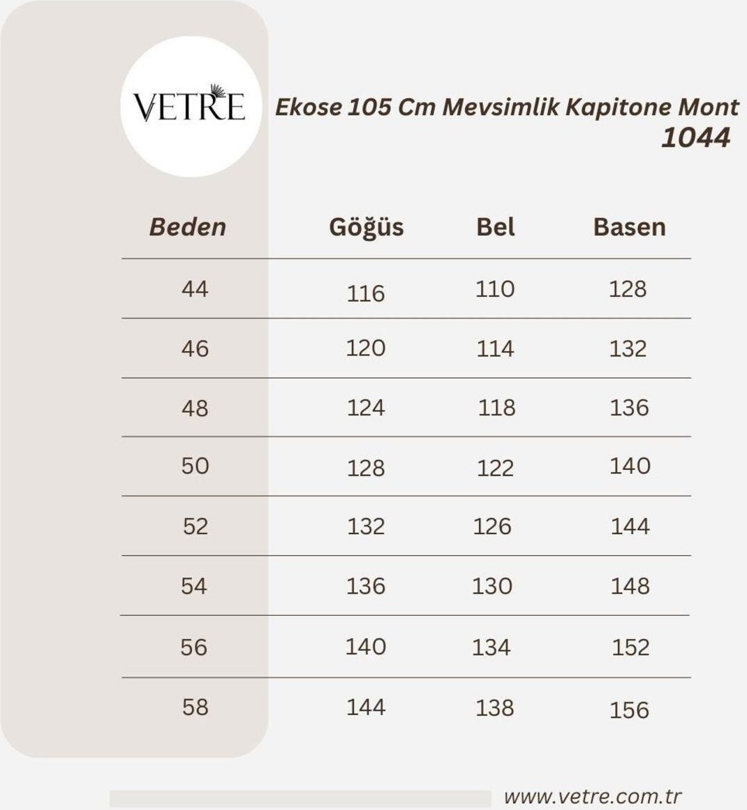 Vetre Kadın Büyük Beden Ekose 120 cm Mevsimlik Açık Bej Kapitone Mont 1042 görsel 6